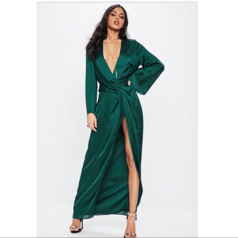 Missguided Green Satin Plunge Maxi Dress